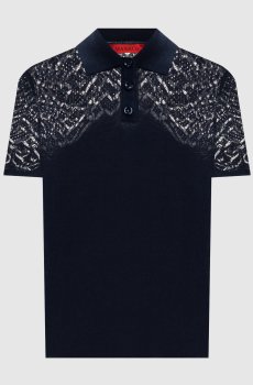 Синее поло с ажурной вышивкой