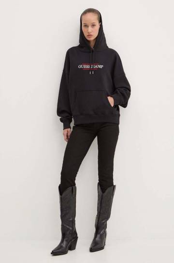 Кофта Guess Jeans женская цвет чёрный с капюшоном с аппликацией W4YQ15 KC811 Кофта Guess Jeans женская цвет чёрный с капюшоном с аппликацией W4YQ15 KC811