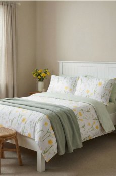 Комплект бавовняної постільної білизни з квітковим мотивом - світло-жовтий