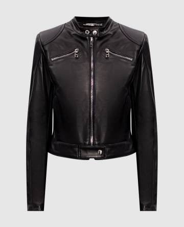 Черная кожаная куртка с логотипом