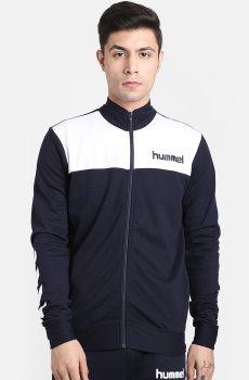 hummel Men Navy Blue & White Colourblocked Sporty Jacket