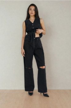 Джинси wide leg з високою посадкою та потертостями - чорний
