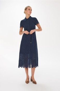 Бавовняна міді сукня з комірцем і ажурним візерунком - темно-синій