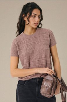 Трикотажна блузка з ажурним візерунком і домішкою льону - кавовий