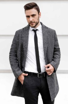 Мужское утепленное шерстяное пальто серое T-043