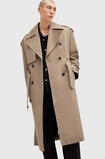 Хлопковый тренч AllSaints SPENCER цвет бежевый переходной двубортный M009OZ Хлопковый тренч AllSaints SPENCER цвет бежевый переходной двубортный M009OZ