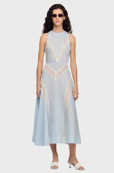 Женское голубое льняное платье Голубой 34 Sandro SFPRO04828_Ciel - Blanc