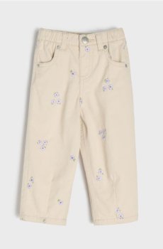 Бавовняні джинси з вишитими квіточками - бежевий