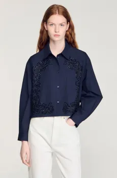 Женская темно-синяя рубашка Синий XS Sandro SFPCM01608_Navy Blue