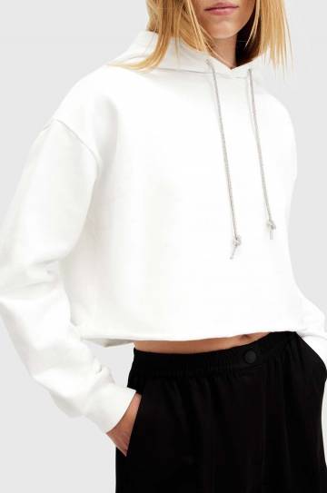 Хлопковая кофта AllSaints PIPPA SPARKLE HOODY женская цвет белый с капюшоном однотонная W117JB Хлопковая кофта AllSaints PIPPA SPARKLE HOODY женская цвет белый с капюшоном однотонная W117JB