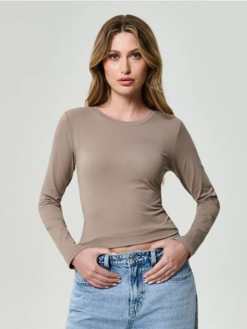 Гладка блузка з довгим рукавом - бежевий