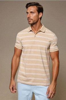 Бавовняна поло-футболка в смужку - бежевий