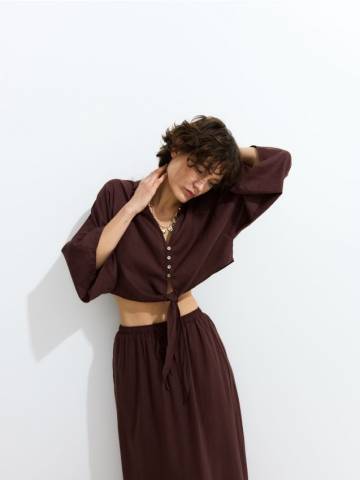 Reserved - Лляна сорочка з завязкою - темно коричневий - RX799-89X