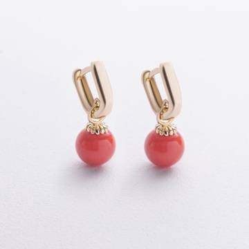 Серьги с кораллом (желтое золото) с08548 Серьги с кораллом (желтое золото) с08548