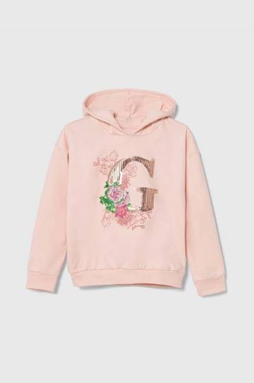 Детская хлопковая кофта Guess цвет розовый с капюшоном с аппликацией J4YQ09 KAX74