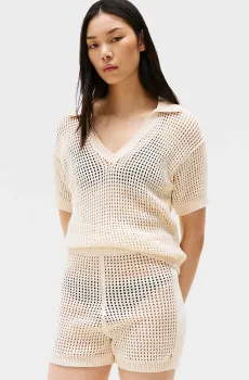 Женское бежевое поло CROCHET Бежевый XS-S Tommy Hilfiger UW0UW05868