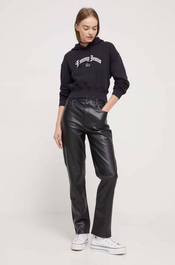 Хлопковая кофта Tommy Jeans женская цвет чёрный с капюшоном с аппликацией Хлопковая кофта Tommy Jeans женская цвет чёрный с капюшоном с аппликацией