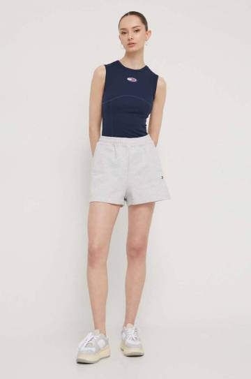 Хлопковые шорты Tommy Jeans цвет серый однотонные высокая посадка Хлопковые шорты Tommy Jeans цвет серый однотонные высокая посадка