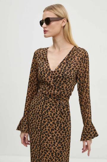 Платье Never Fully Dressed Leopard Sheer Wrap Dress цвет коричневый midi расклешённое NL28459 Платье Never Fully Dressed Leopard Sheer Wrap Dress цвет коричневый midi расклешённое NL28459
