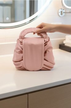 Косметичка зі стягуванням і ручкою - пастельний рожевий