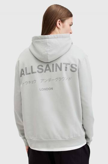 Хлопковая кофта AllSaints UNDERGROUND мужская цвет серый с капюшоном с принтом M034NB Хлопковая кофта AllSaints UNDERGROUND мужская цвет серый с капюшоном с принтом M034NB