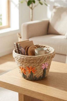 Плетений кошик для зберігання з квітковим мотивом - різнобарвний