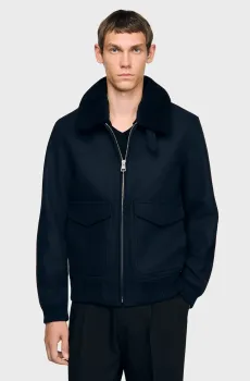 Мужское темо-синее шерстяное пальто Синий XL Sandro SHPBL01220_Navy Blue