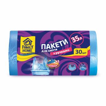 Пакеты для мусора Family Home голубые, с ручками, 50*65 см, 35 л, 30 шт
