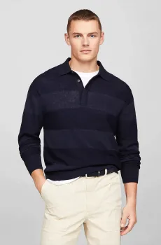 Мужское темно-синее льняное поло в полоску DC PREMIUM LINEN BLEND RUGBY Синий XXL Tommy Hilfiger MW0MW34683
