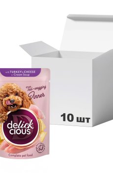 Упаковка влажного корма для взрослых собак Delickcious Полоски с индейкой и сыром в крем-супе, 85 г * 10 шт