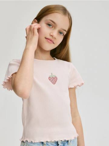 Reserved - Ребристa футболка з аплікацією - пастельний рожевий - 940EK-03X