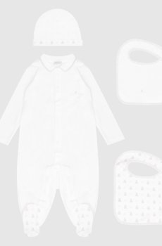 Детский белый комплект из комбинезона, шапки и слюнявчиков