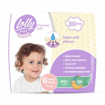 Подгузники Lolly Premium Soft Extra Large размер 6 (16+ кг), 30 шт Подгузники Lolly Premium Soft Extra Large размер 6 (16+ кг), 30 шт