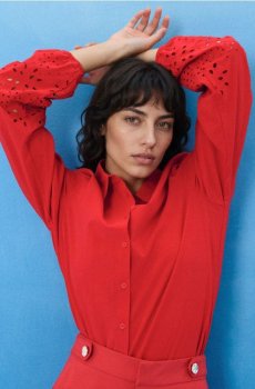 Бавовняна сорочка з мереживним обробленням рукавів - червоний