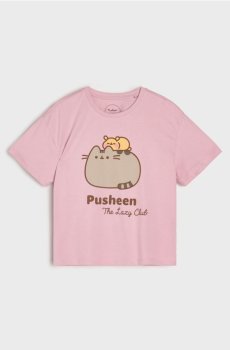 Бавовняна футболка з принтом Pusheen the Cat - рожевувато-ліловий