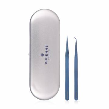 Набор пинцетов для наращивания ресниц Vivienne в чехле, синий металлик (мини-L, 1 шт + прямой тонкий, 1 шт)