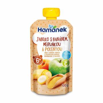 Детское фруктовое пюре Hamanek Яблоко, абрикос, банан и полента, от 6 месяцев, 100 г Детское фруктовое пюре Hamanek Яблоко, абрикос, банан и полента, от 6 месяцев, 100 г