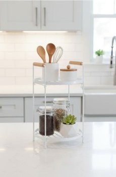 Дворівнева металева полиця з бамбуковими ручками - білий