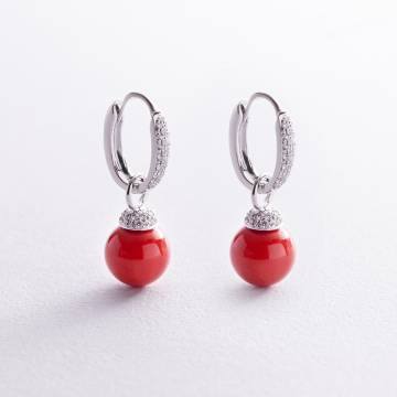 Золотые серьги "Шарики" с кораллом и бриллиантами сб0476ca Золотые серьги "Шарики" с кораллом и бриллиантами сб0476ca