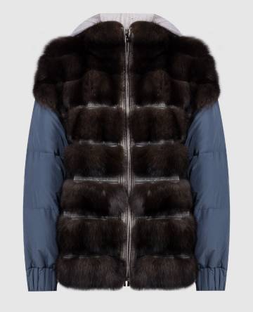 Синий пуховик с мехом соболя и цепочкой мониль