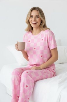 Двокомплектна картата піжама з мотивом сердець - рожевий