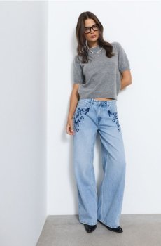 Бавовняні джинси wide leg з квітковою вишивкою - синій