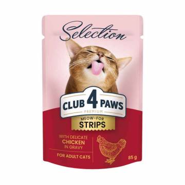Влажный корм для взрослых кошек Club 4 Paws Meow-For Strips, с курицей в соусе, 85 г Влажный корм для взрослых кошек Club 4 Paws Meow-For Strips, с курицей в соусе, 85 г
