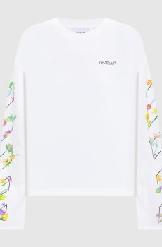 Белый лонгслив с брендовым цветочным принтом