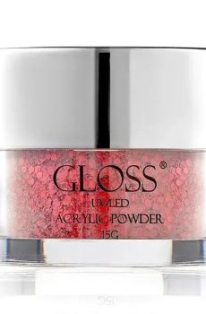 Акриловая пудра для ногтей Gloss UV/LED Acrylic Powder 021 Серый с красным микроблеском и блестками, 15 г