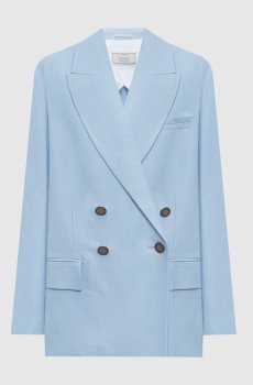Голубой двубортный жакет из льна