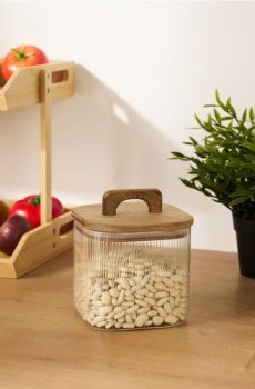 Скляна банка для їжі з дерев’яною кришкою - clear