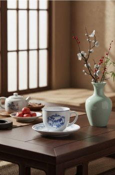 Керамічна чашка та блюдце з орнаментом - блакитний