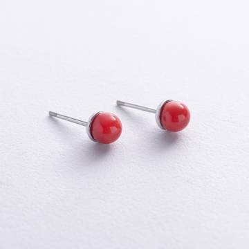 Серьги - пусеты с кораллом (белое золото) с08876 Серьги - пусеты с кораллом (белое золото) с08876