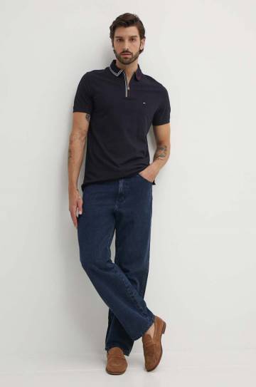 Хлопковое поло Tommy Hilfiger цвет синий однотонное MW0MW35594 Хлопковое поло Tommy Hilfiger цвет синий однотонное MW0MW35594